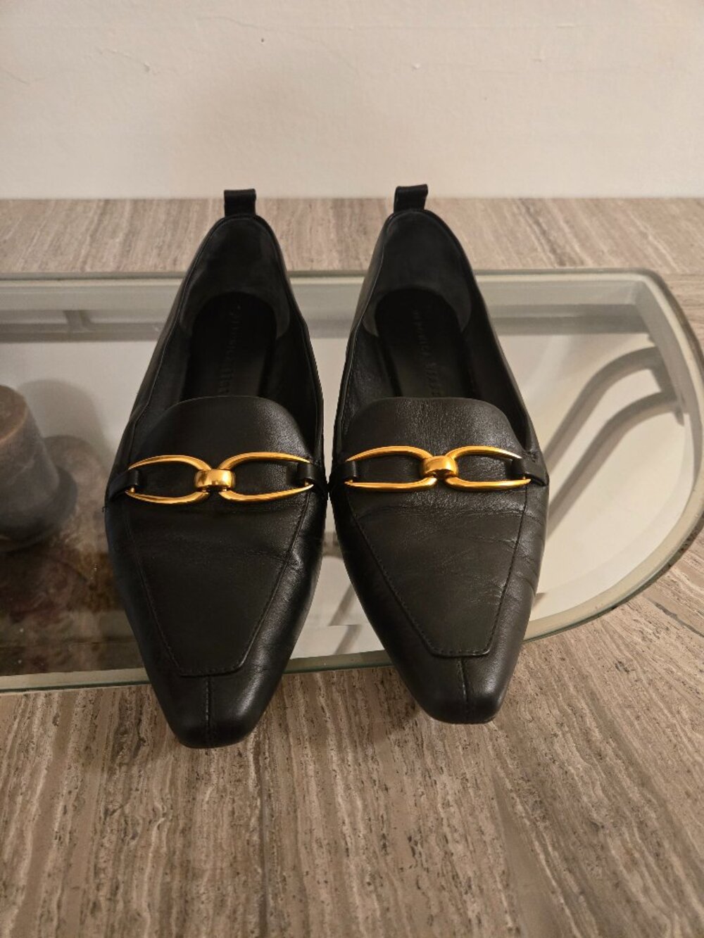 Veronica Beard Black Leather Pointed Loafers with Gold Horsebit